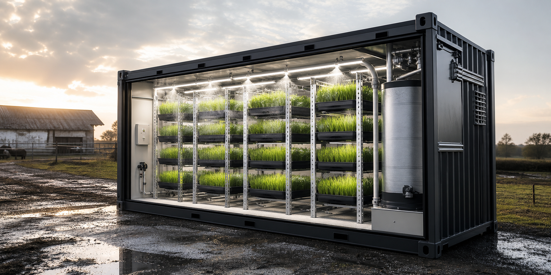Hydroponic fodder container installed near a livestock farm, opened to show sprouted grain trays.